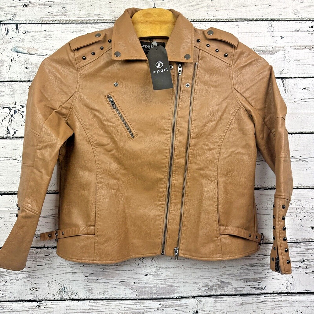 rpym Faux Leather Moto Jacket‎ Tan Brown Studded Accents Full Zip [Size XL]